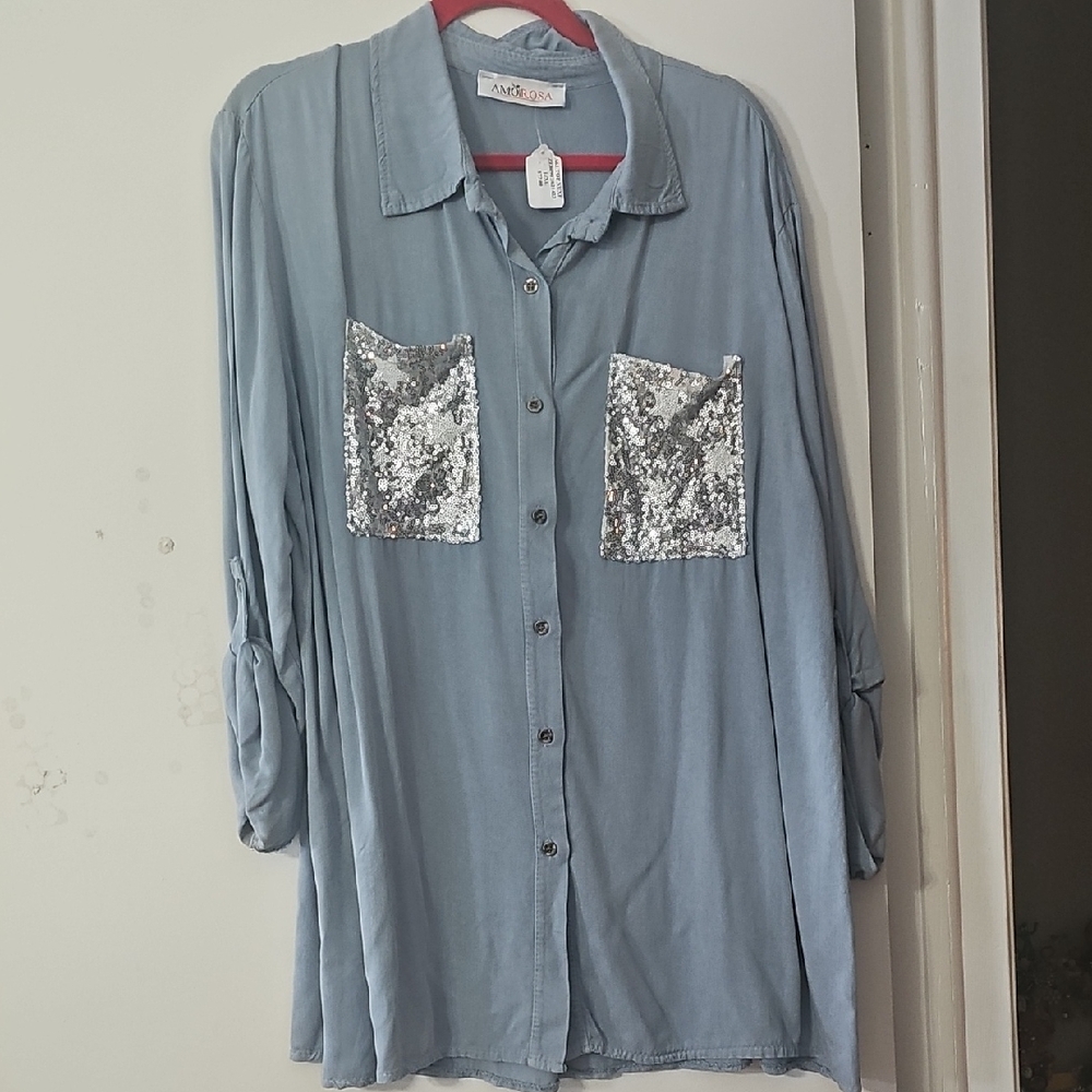 Women's Blue Button Down Shirt with Sequin Pockets